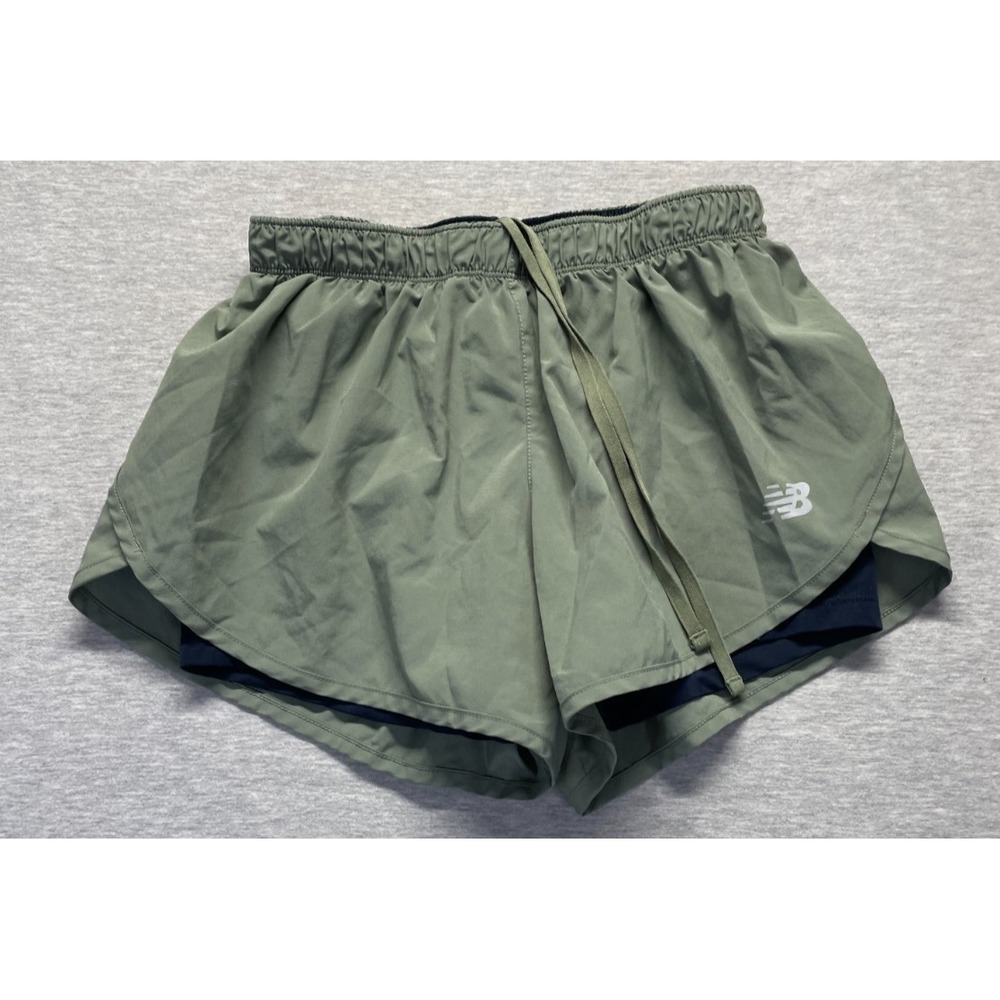 New Balance Athletic Shorts Women XS Olive Green Logo Gym Training Drawstring